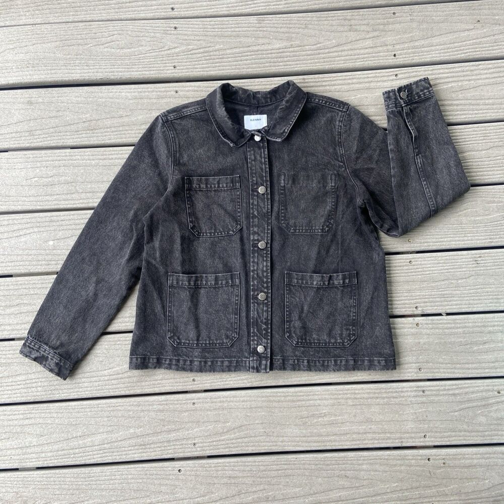 Old Navy Womens L Denim Jacket Black Button Up Pockets